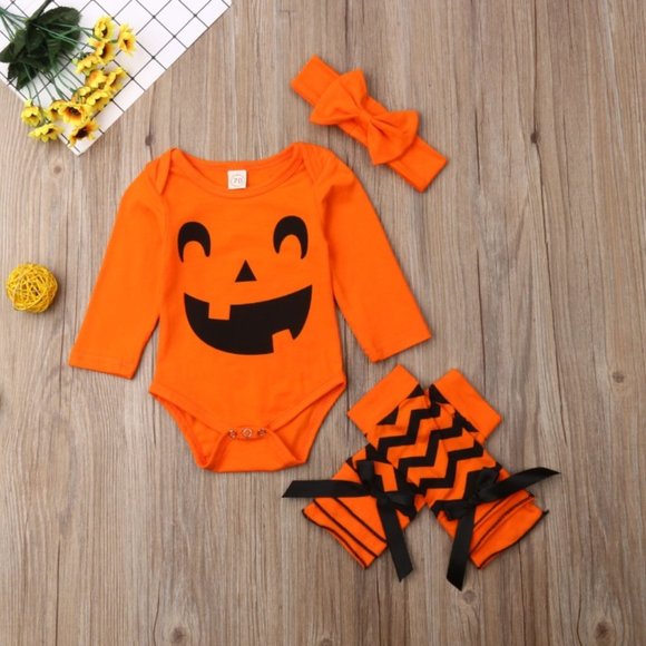 Girl girls toddler baby outfit Halloween pumpkin orange onesie bow socks new - Picture 2 of 7